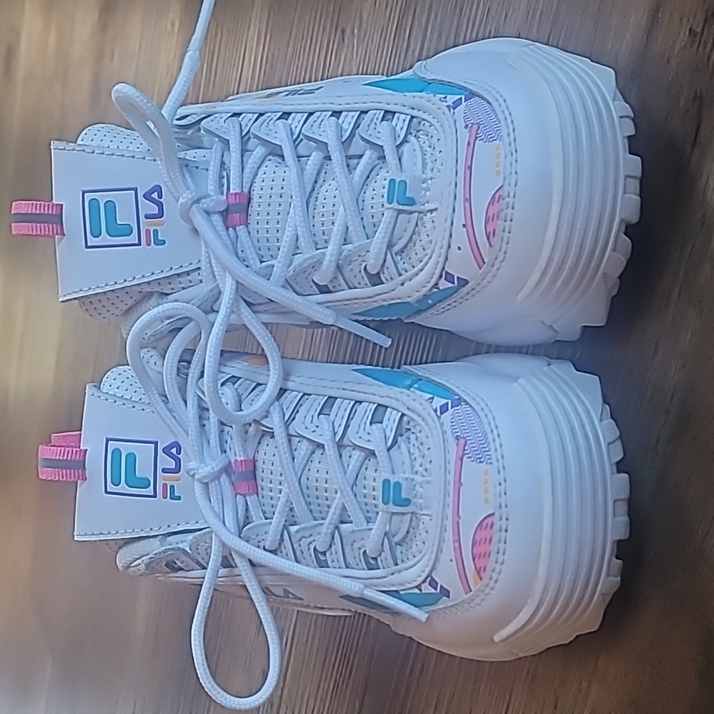 Fila Sneakers, Size 2.5, White, Pink, Teal, Purple, Yellow, 90s